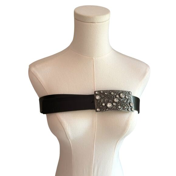 Rhinestone Crystal Belt Buckle Antiqued Rectangle Floral Engraved Buckle Belt L - Picture 2 of 9